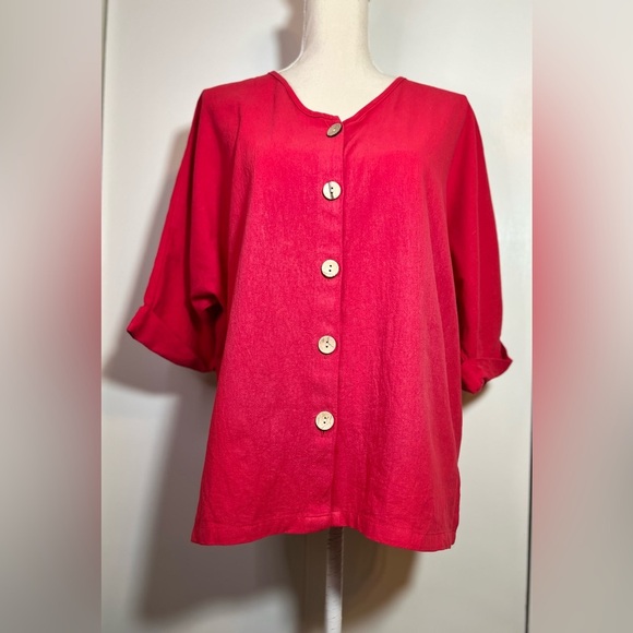 Red Linen/Cotton Button Down Shirt Women’s Size L 3/4 Sleeves - Picture 2 of 8